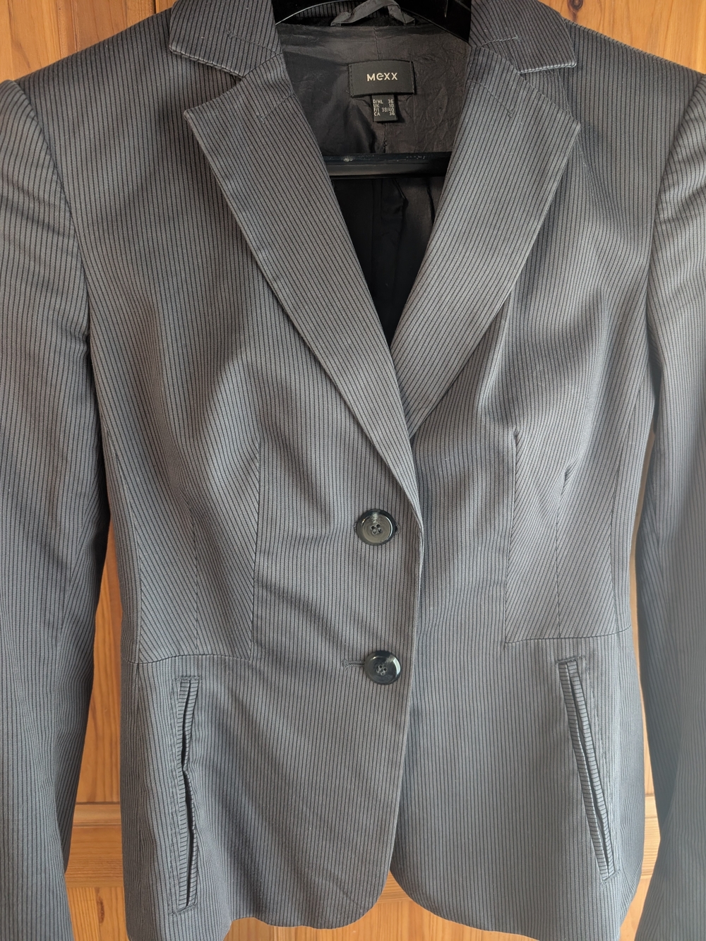Mexx Women's Gray Pinstripe Black And Grey Thin Striped Blazer